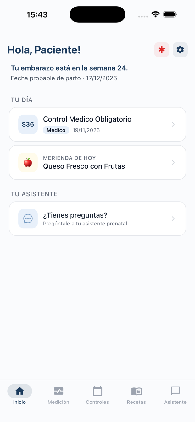 Pantalla de inicio de Gestar: semana de embarazo, próximo control y merienda del día.